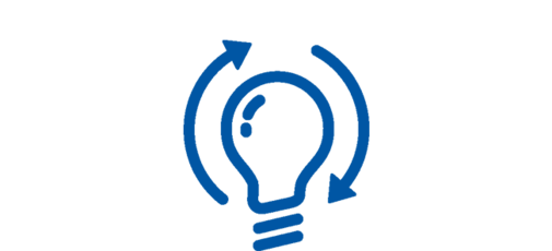 Modrý symbol tvořený žárovkou a dvěma šipkami, které označují kruh