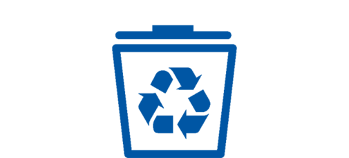 Modrý symbol tvořený odpadkovým košem s logem recyklace